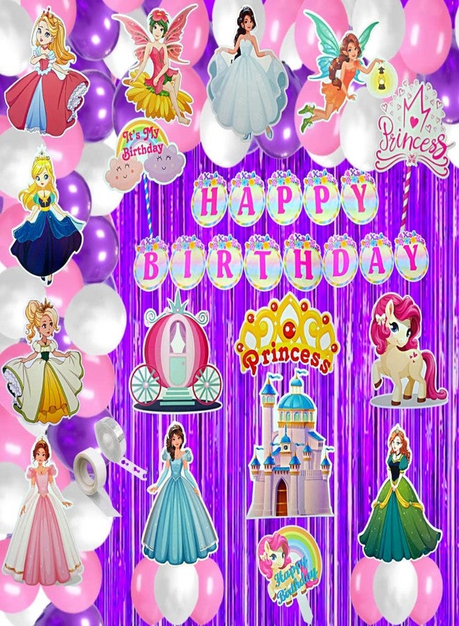 FI - FLICK IN 71 pcs Princess Theme Birthday Party Decorations Castle Princess Figure Cutouts Purple Curtain Props Cake Topper 1st Birthday Princess Decoration for Girls (Pack of 71, Multicolor) - Image 1